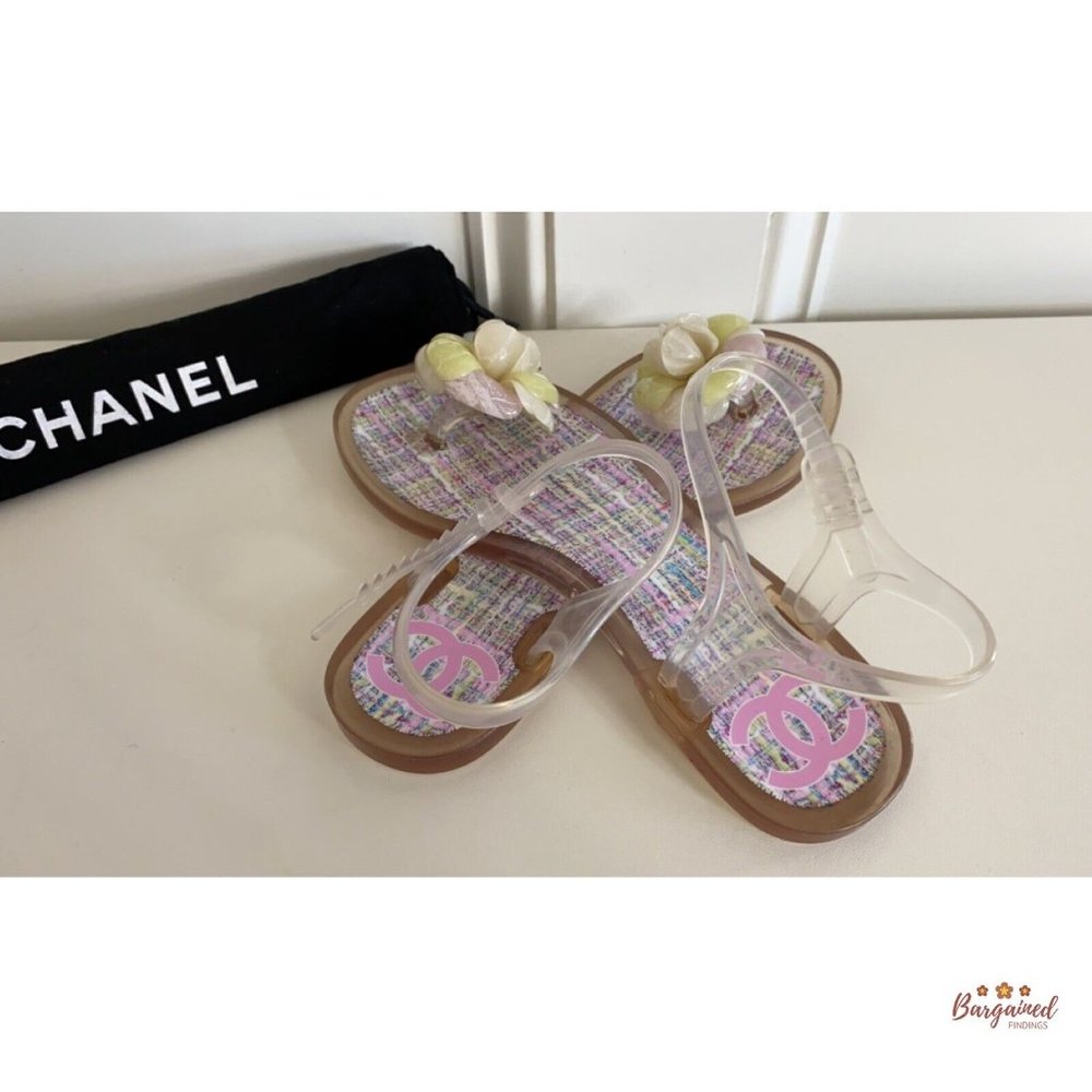 Authentic CHANEL Pink CC Clear Camelia Jelly Strap Flip Flops Flat Sandals 36/6 - Picture 9 of 14